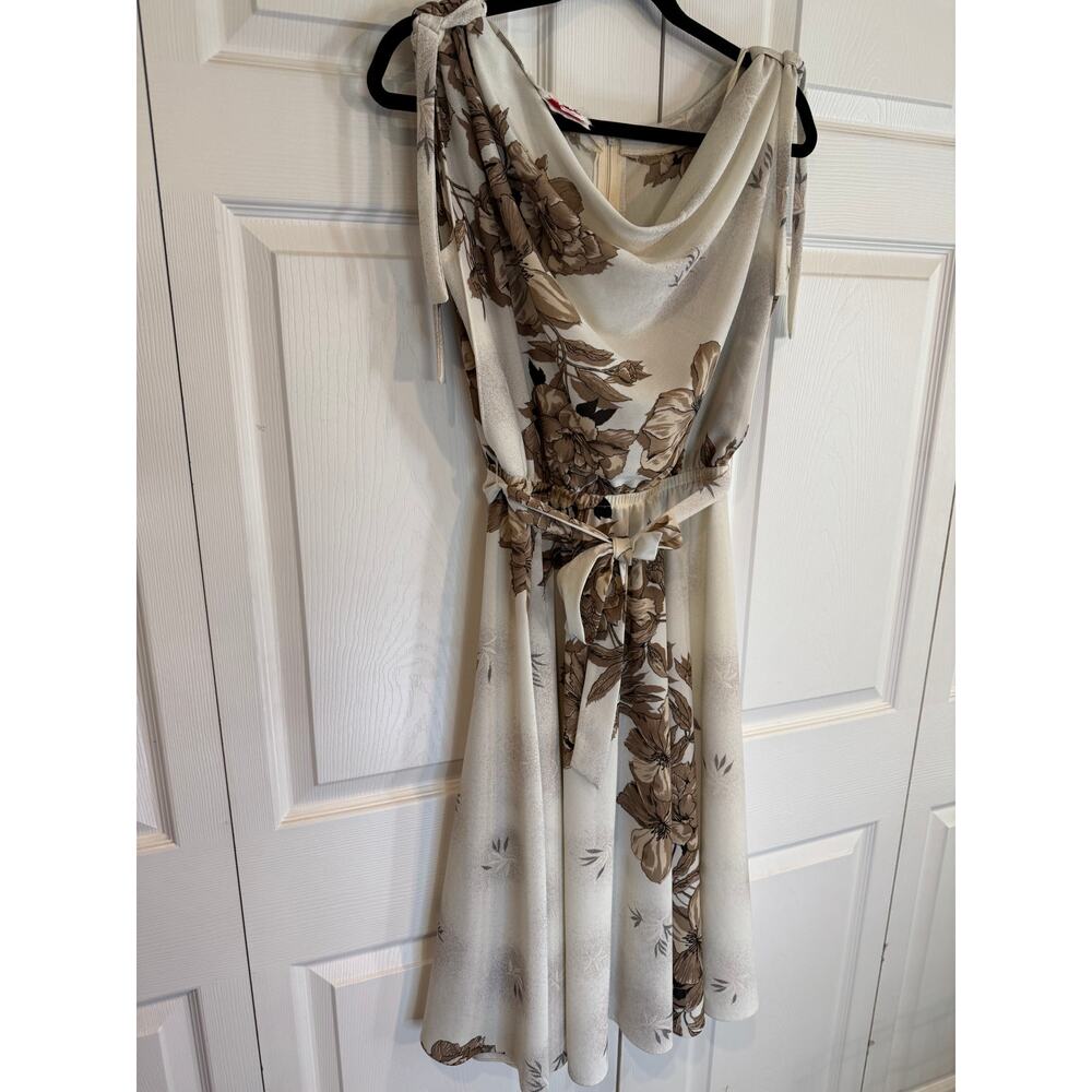 Vintage Floral Print Dress Sleeveless Tie Strap Midi Cream Brown - Picture 2 of 8